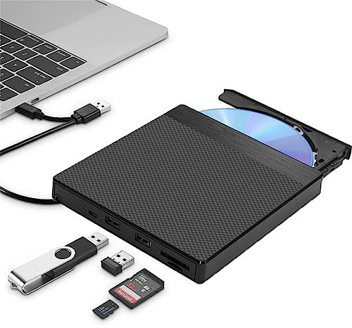 TriLine External DVD CD Drive USB 3.0 & Type-C with TF/SD Card Reader & 2 Ports USB, High Speed Slim Portable CD/DVD Disk Player Burner Reader Writer for Laptop, Desktop, Windows, Macbook, iMac