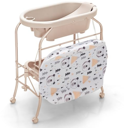 GOPLUS Baignoire Pliable Bébé 4 en 1, Baignoire Bebe sur Pied avec Panier de Rangement, Roues Verrouillables, Charge 35 KG, Table a Langer avec Baignoire pour 0-12 Mois (Beige)