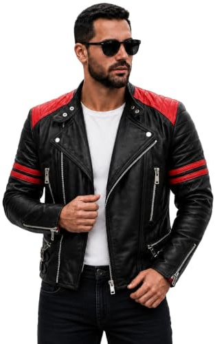 Men's Brando Classic Vintage Cafe Racer Black & Red Stripes Quilted Vintage Biker Genuine Real Sheepskin Leather Jacket