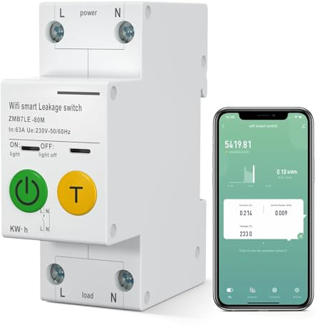 CREECHWA WLAN-brytare med läckageskydd, 1P+N, intelligent strömbrytare, 63 A, 230 V – 50/60 Hz, Tuya APP-stöd, röstkommando kompatibel med Alexa och Google Home