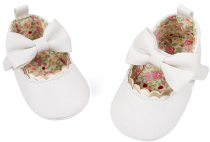 Meckior Newborn Baby Girls White Dress Shoes Infant Bowknot Soft Sole Mary Jane Moccasins Baptism Christening Crib Shoes Wedding Princess Flats 0-3 Months