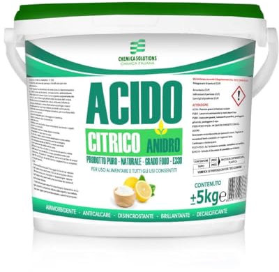 Acido Citrico ANIDRO 100% E330 Naturale Multifunzione, Detersivo pavimenti, Pulizia Calcare lavatrice,Brillantante Decalcificante,Alimentare Barattolo da 5 Kg