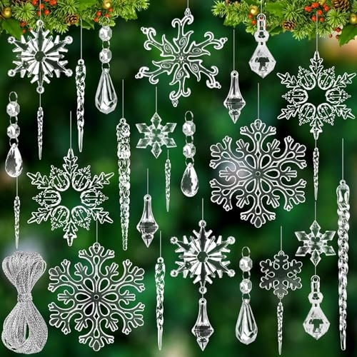 DIYDEC 36 Stück Weihnachten Eiszapfen Schneeflocken, Weihnachtsbaum Kristall Dekoration Transparentes Acryl Christbaumschmuck Eiszapfen Eistropfen für Xmas Weihnachtsbaum Anhänger DIY Winter Schmuck