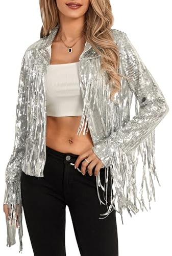 Acrawnni Women Sparkly Sequin Jacket Y2K Shiny Glitter Tassel Fringe Hem Disco Jacket Sequin Fringe Rave Jacket Coat 90s Streetwear (A-Silver, S)