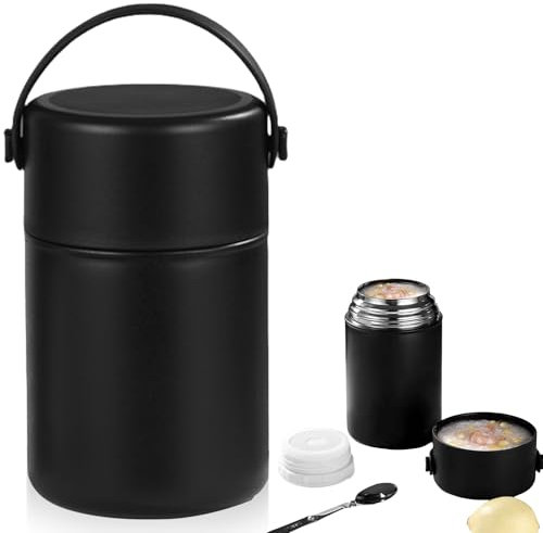 GBKDQQ: Edelstahl Thermobehälter 850ml, Auslaufsicherer Warmhaltebehälter Mit Faltbarem Löffel, Ideal Für Arbeit, Schule Und Unterwegs (Schwarz)