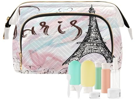 Beauty case da viaggio per cosmetici con torre Eiffel ad acquerello, cuore per donne, uomini e ragazze, Francia romantica, impermeabile, borsa organizer per cosmetici da viaggio, Multi, Beauty Case