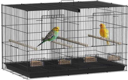 PawHut Vogelkäfig Innenvoliere aus Stahl mit Trennwand, 4 Sitzstangen aus Holz, Schiebeplatte, 4 Futternäpfe, für Wellensittiche, Kanarienvögel, Finken, 76 x 46 x 46 cm, schwarz