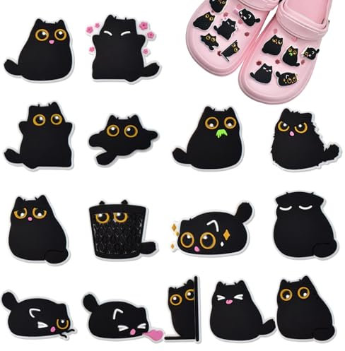 Onperpoe 15 Stück Schwarze Katze Schuh Charms für Clogs DIY Schuhanstecker Schuhanhänger Dekoration Schuhdekoration Shoe Charm Anstecker für Erwachsene Frauen Kinder Mädchen