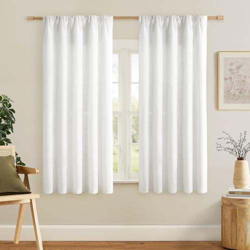 Softalker Vorhänge Leinen Gardinen Weiss 160 cm Hoch Vorhang Kurz modern Leinenoptik Gardine Schal Scheibengardine Stangendurchzug Schlaufenschal für Schlafzimmer küchengardinen 140 cm Breit,2er Set