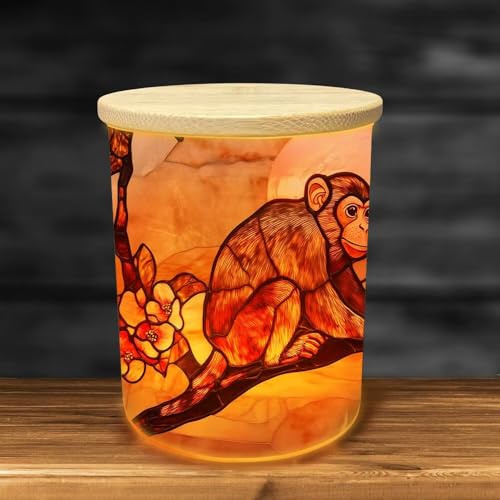Cherry Blossom Tea Light Holder, Stained Glass Monkey Tealight Candle Holder, Glass Jar with LED Candle,Votive Candle Holder Cup for Wedding Table Centerpiece, Home Decor, Christmas Party