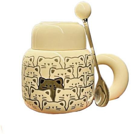 HUMOCHUSON Drink Cup 450Ml Ceramic Cat Breakfast Milk Coffee Cup with Lid and Spoon - Milky White