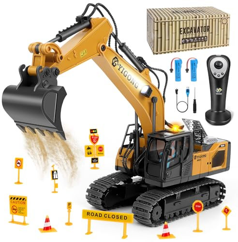 Charmofun Ferngesteuerter Bagger, 2,4GHz Bagger Spielzeug mit Schwerkraftgesteuerter Fernsteuerung, Stufenlos Rotierender RC Radlader mit Lichtern und Musik, Geschenke für Jungen Ab 5-12 Jahre