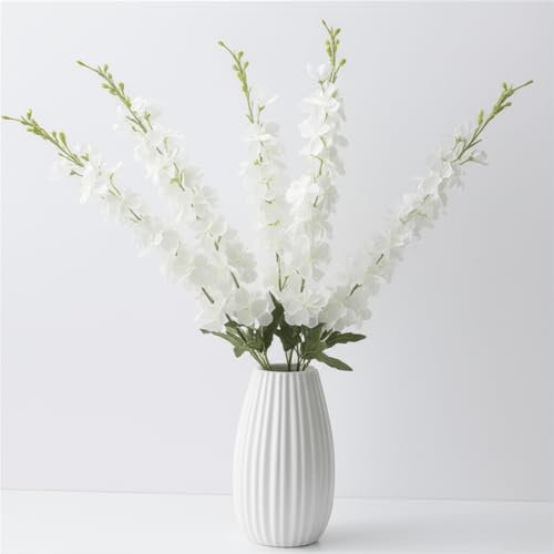 Grekywin Artificial Delphinium Flowers, 34 inch White Larkspur Stems, 6 Pack Silk Flowers for Wedding and Home Decor
