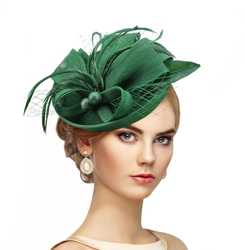Fascinator Damen Kopfschmuck Karneval Haarreif Fasching Tea Party Hutte für Frauen Leichtes Feder- und Polyestermaterial Grün abnehmbarer Kopfband