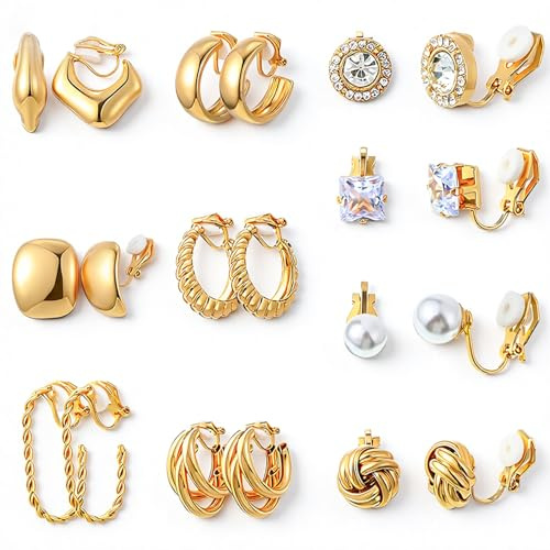 10 Pairs Clip on Earrings for Women 14K Gold Plated Chunky Hoop and Studs Earring Set Trendy Clip on Hoop Earrings No Piercing Fake Earring Set | For Women 14k Gold Plated Trendy Clip On Hoop Earrings No Piercing