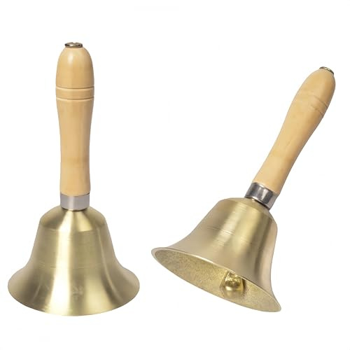 Ymswjgj Clochette à main en laiton - Super puissante - Clochette de table - En laiton massif - Avec poignée en bois - Cloche de Noël - Cloche de service à main