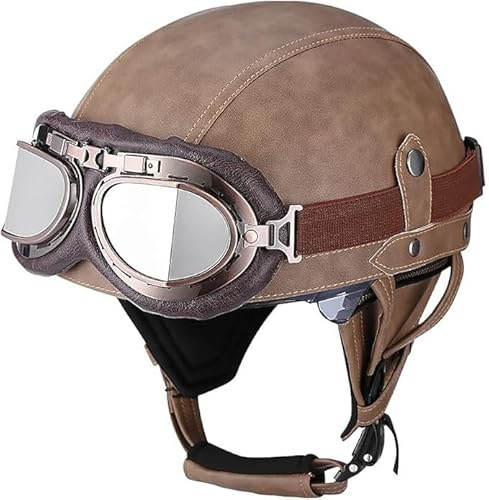 KKVGP Retro halvhjälm for motorcykel i tysk stil med glasögon, Retro hjälmar med öppet ansikte DOT/ECE-godkända, Vuxna män kvinnor Keps for cykelkryssarscooter