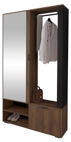 Mirjan24 Ensemble de garde-robe Raldento avec miroir, tringle à vêtements, armoire à chaussures et compartiments, porte-manteau mural, vestiaire de couloir, garde-robe compacte (noyer Warmia + noir)