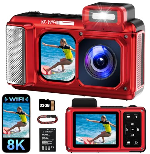 MaxMango V08 Pro 49FT Camara Acuatica，8K 90MP WiFi Pantalla Táctil Cámara Digital，2,8 Pulgadas con Doble Pantalla, Resistente, a Prueba de Polvo y a Prueba de Golpes, Ideal para Snorkel, Rojo