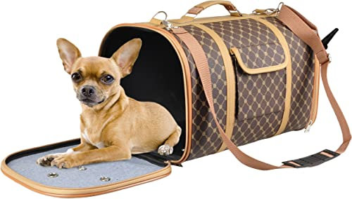 Hundetasche - Tragetasche Chloe 2 Braun – 45x26x26cm – Kunstleder – verstärkter Rahmen – Abnehmbarer Boden – Sicherheitsleine – Roll-Belüftungsnetz – Standfüße