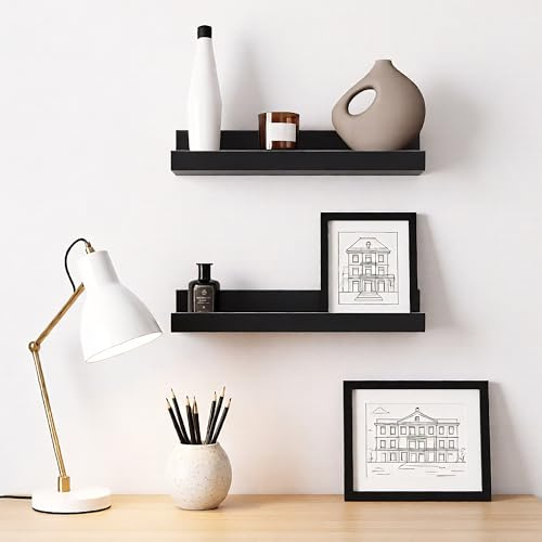 GEEZY Black Floating Shelves for Wall, Set of 2 - Modern Seamless Mounting, Easy Install Picture Ledge Display Shelf for Decor, Collectibles - Home, Bedroom, Bathroom, Office, 30x10x5cm