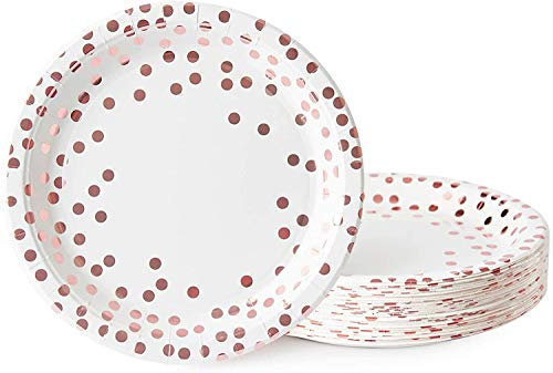 TOPWAYS Rosa Oro Polka Dot Piatti Carta, 48 pezzi carta servizio piatti monouso piatti stoviglie per feste di decorazioni compleanno bambini uomini donne, Matrimoni, Decorazioni Anniversari 7 pollici