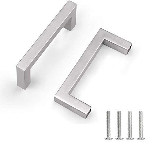 Drenky Kitchen Cupboard Handles, 2 Pack Cabinet Pulls Silver Brushed Stainless Steel Square T Bar Handles for Cupboards & Draws Cabinet, Modern Style, Hole Center 96mm with Screw