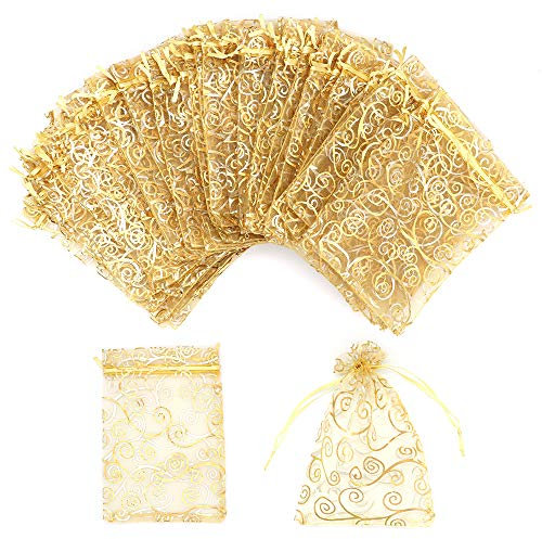 STARUBY 100 Stück Goldener Organzasäckchen 10x15cm Druck Organzabeutel Säckchen Geschenkbeutel KordelzugGeschenkbeutel Mesh Beutel für Hochzeitsfeier Hochzeit Schmuck Süssigkeit Beutel