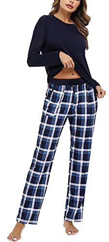 Uniexcosm Schlafanzug Damen Baumwolle Pyjama Set Lang Zweiteiliger Nachtwäsche Raglanärmel Sleepwear und Karierte Pyjamahose Hausanzug Freizeitanzug Stil 1:Marineblau-1 L