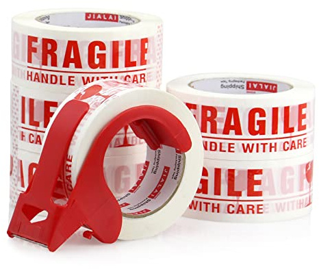 JIALAI HOME Fragile Tape Handle with Care Packing Tape 6 Rolls, Heavy Duty Shipping Box Sealing Tape with Dispenser, 2 Inch x 330 Feet (110 Yards) for Shipping and Moving Boxes