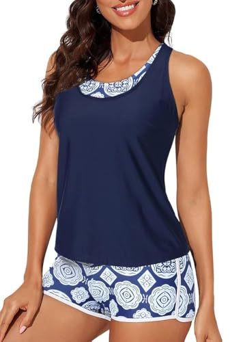 Bsubseach 3 Pcs Maillots De Bain pour Femme Maillot De Bain Taille Haute Retro Tankini avec Short GarçOn Bleu S