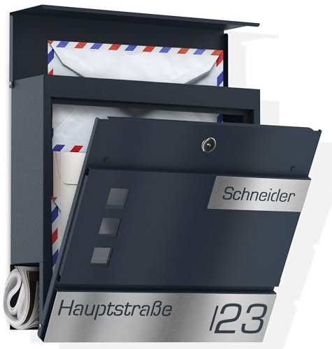 Graviers Design Boîte aux Lettres avec Compartiment à journaux en Anthracite RAL 7016 – Fenêtre personnalisée en Acier Inoxydable – Nom de Rue, numéro de Maison, Gravure, Murale avec Serrure