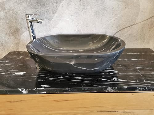 Waschbecken aus Marmor Portoro Silber, super dunkel, Größe 60 x 40 x 15 cm, echtes Foto des Waschbeckens, Aufsatzwaschbecken, ovales Waschbecken schwarz, Aufsatzwaschbecken schwarz glänzend