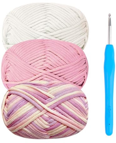 Chunky Cotton Wool Yarn for Crochet Beginners - 3x50g Starter Kit with 4mm Hook, Easy Amigurumi Yarn - Pink