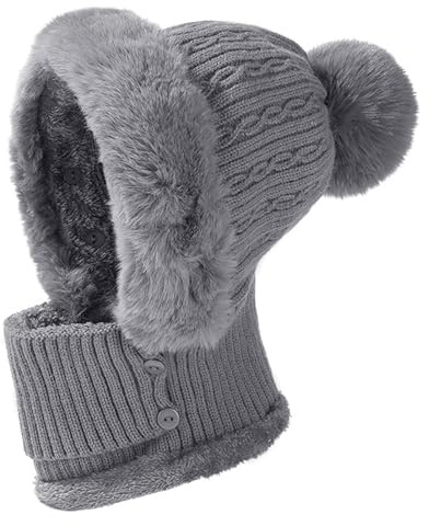 JFAN Cappelli Donna Inverno Berretto Donna in Maglia Cappello e Sciarpa Donna in Pile Caldo per Sci Outdoor Grigio
