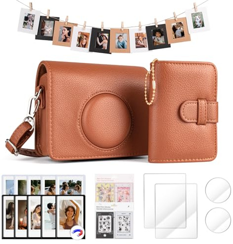 HIYQIN Housse et Accessoires pour Fuji Mini Evo, pour Appareil Photo Fujifilm Instax Mini Evo Étui/Protecteurs d'écran/Album/Cadres Magnétiques/Autocollants - Marron