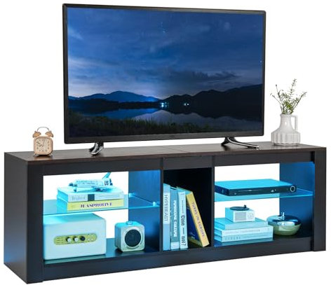 COSTWAY Mueble de TV con Luz LED hasta 65 Pulgadas, Soporte para TV con 2 Estantes de Vidrio Templado Ajustables y Compartimento Abierto, Consola TV con Almacenaje, Mesa de Consola para Sala de Estar