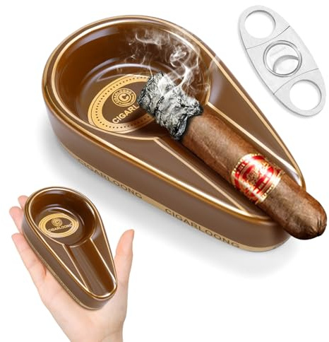Posacenere per sigari classico a fessura singola in ceramica con tagliere per sigari in acciaio inox, portacenere portatile per interni ed esterni, accessori per sigari per uomini (marrone)