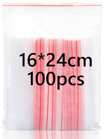 Sacchetti di plastica trasparenti richiudibili, 16 x 24 cm, 100 sacchetti con chiusura ermetica, spessi e durevoli, sigillabili per cucina, forniture per ufficio, articoli di cancelleria, ecc