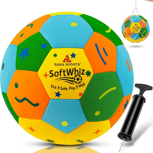 SAGA SPORTS SoftWhiz Softball Enfants – Ballon en Mousse Taille 4 pour intérieur Football/Futsal – avec Pompe, Aiguille et Sac en Filet – Coloré et sûr