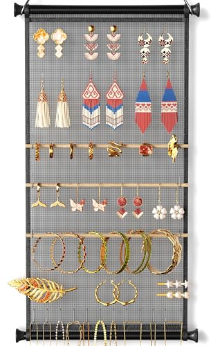 Josmimic Mesh Earring and Necklace Holder Wall Hanging with Wooden Rods and Hooks, Jewelry Display