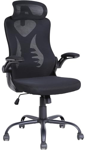 OWAY HOMELIVING Ergonomic Office Chair with Adjustable Lumbar Support & High-Back Mesh Desk Chair 150kg Capacity & 125° Recline & Flip-Up Armrests Home Office Chair (darkblack)