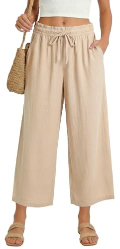 Muwodkdn Pantalon Lin Femme Été 3/4 Pantacourt Fluide Taille Haute Kaki S