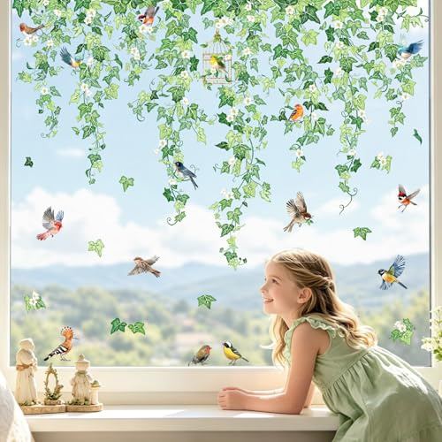 Tanlaby 9 Sheets Spring Summer Hanging Vine Window Clings Green Ivy Leaves Flowers Window Stickers Floral Leaf Plant Birds Decals for Wedding Party Home Glass Doors Mirror Decor