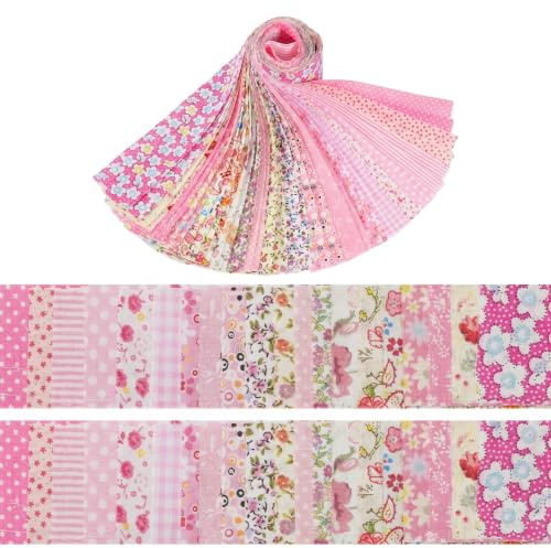 Mtbricey 40 Piece Pink Jelly Roll Fabric Strips Cotton Pre-Cut Quilting & Patchwork Fabric Bundle for Quilt Tops Table Runners & Sewing Projects with 20 Floral Designs