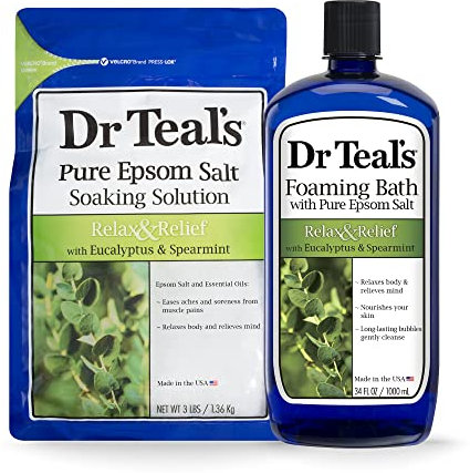Dr Teal's Epsom Salt Soaking Solution and Foaming Bath with Pure Epsom Salt, Eucalyptus 3 Pound Bags, and 34 Ounce Bottle