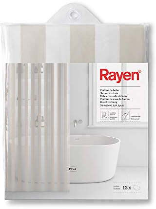 Rayen | Cortinas de baño | Cortina para Ducha o Bañera | Impermeable | PVA | Translúcido | Argollas PVC | Incluye 12 Ganchos | 180 x 200 cm | Rayas Beige y Transparentes