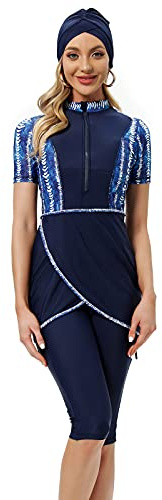 seafanny Traje de baño musulmán para Mujer Corto Burkini Modesto Traje de baño con Cremallera Frontal (Azul 42-44)