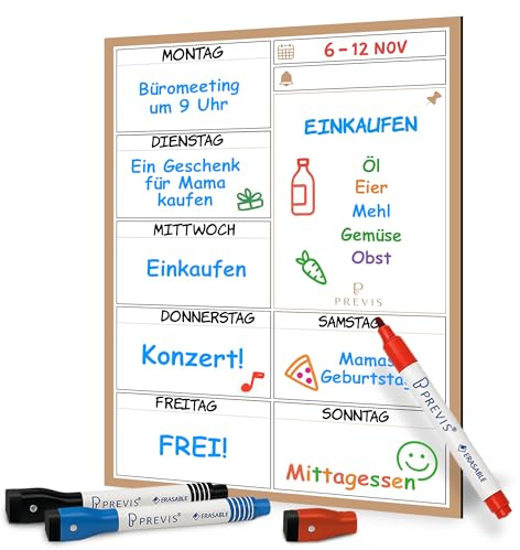 Previs Planning Frigo Magnetique Planificateur Hebdomadaire A4 (21x30CM) avec 3 Marqueurs Premium-Tableau Magnetique Frigo Aimanté - Semainier Magnetique Tableaux de Planification Menu Semaine Ardoise