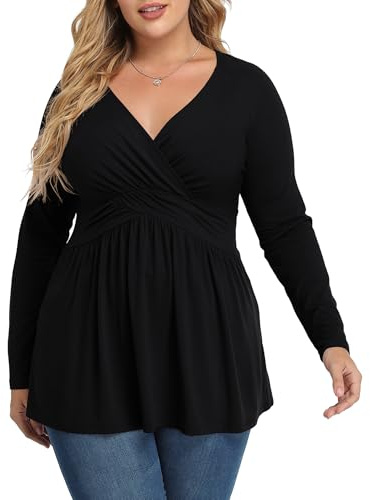 TIANZHU Plus Size Black Tops for Women Wrap Baby Doll Shirt Long Sleeve Winter Tunic Top Dressy V Neck Blouse Empire Waist Low Cut Flowy Peplum Clothing, Black, 2XL